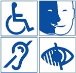 4 pictogrammes handicap moteur, handicap visuel, handicap auditif et handicap mental