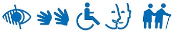 5 pictogrammes pour le handicap visuel, la langue des signes, le handicap moteur, le handicap intellectuel et psychique, les personnes mal-marchantes