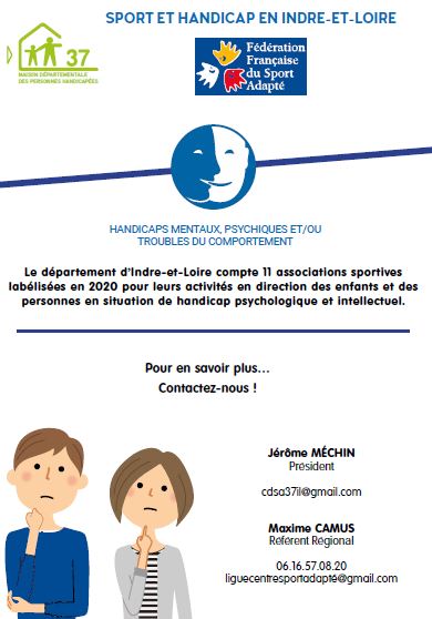 Affiche du comité départemental sport adapté avec le pictogramme déficience intellectuelle ou handicap psychique, le logo de la M.D.PH et de la fédération française du sport adapté.
