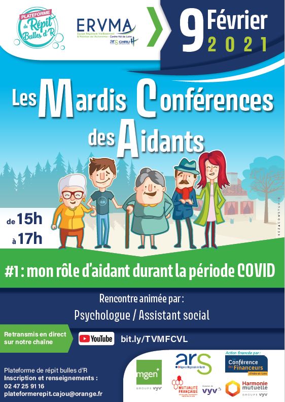 Affiche de la conférence, un homme tient le bras de deux dames âgées, un couple est à leur côté. Tous ont le sourire, ils sont dehors devant une maison avec une forêt en arrière plan.