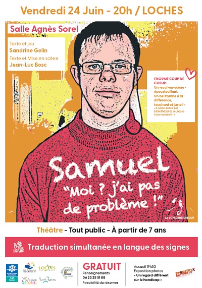 Affiche du spectacle Samuel, portrait d'un jeune homme trisomique avec des lunettes, il porte un pull rouge.