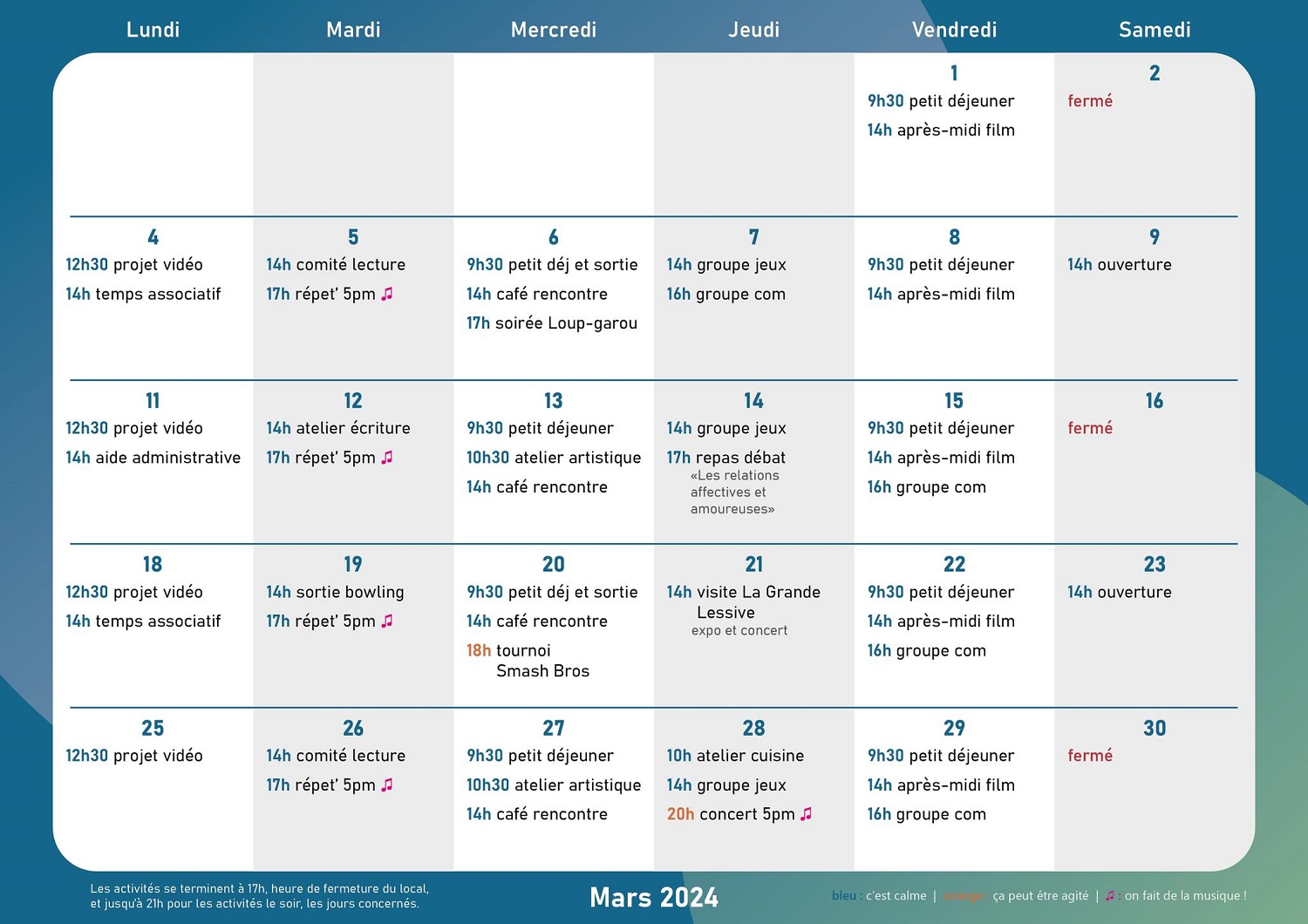 calendrier avec les activités dans chaque case correspondant à une journée