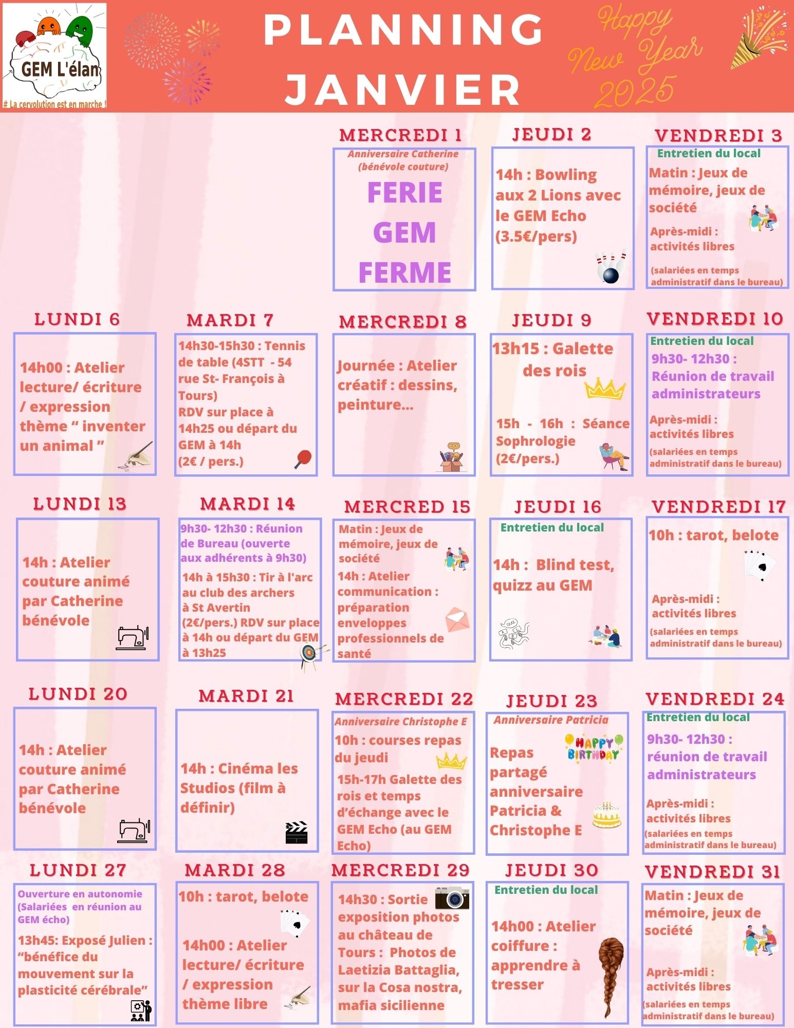 Calendrier, un jour par case avec les activités de la journée