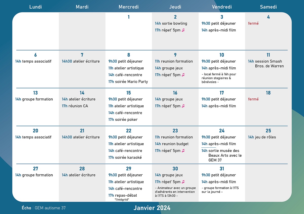 Calendrier, une journée par case avec les activités de la journée