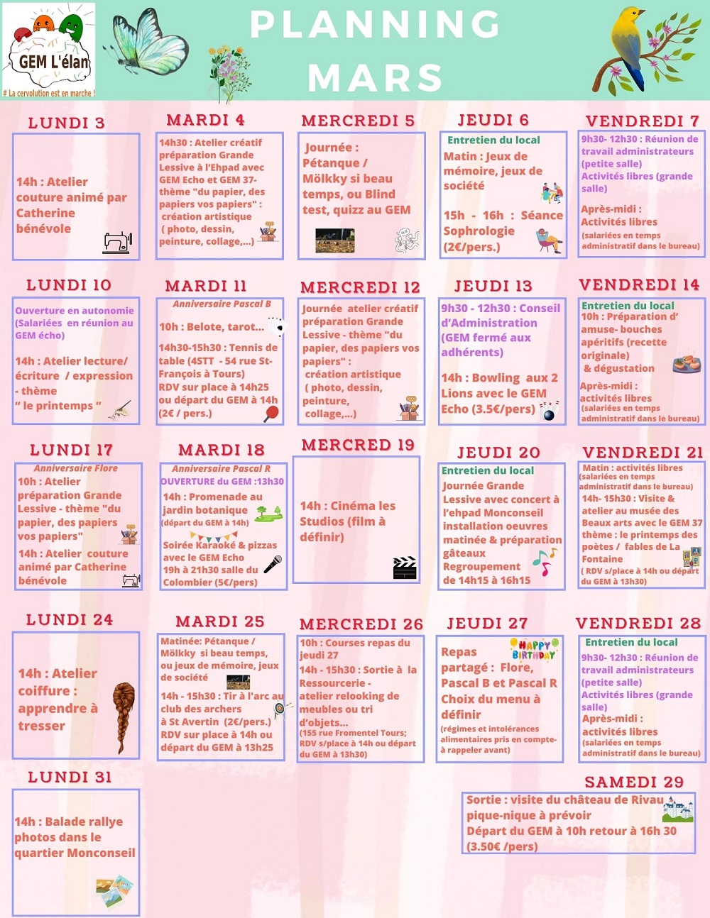 calendrier une case par jour avec les activités