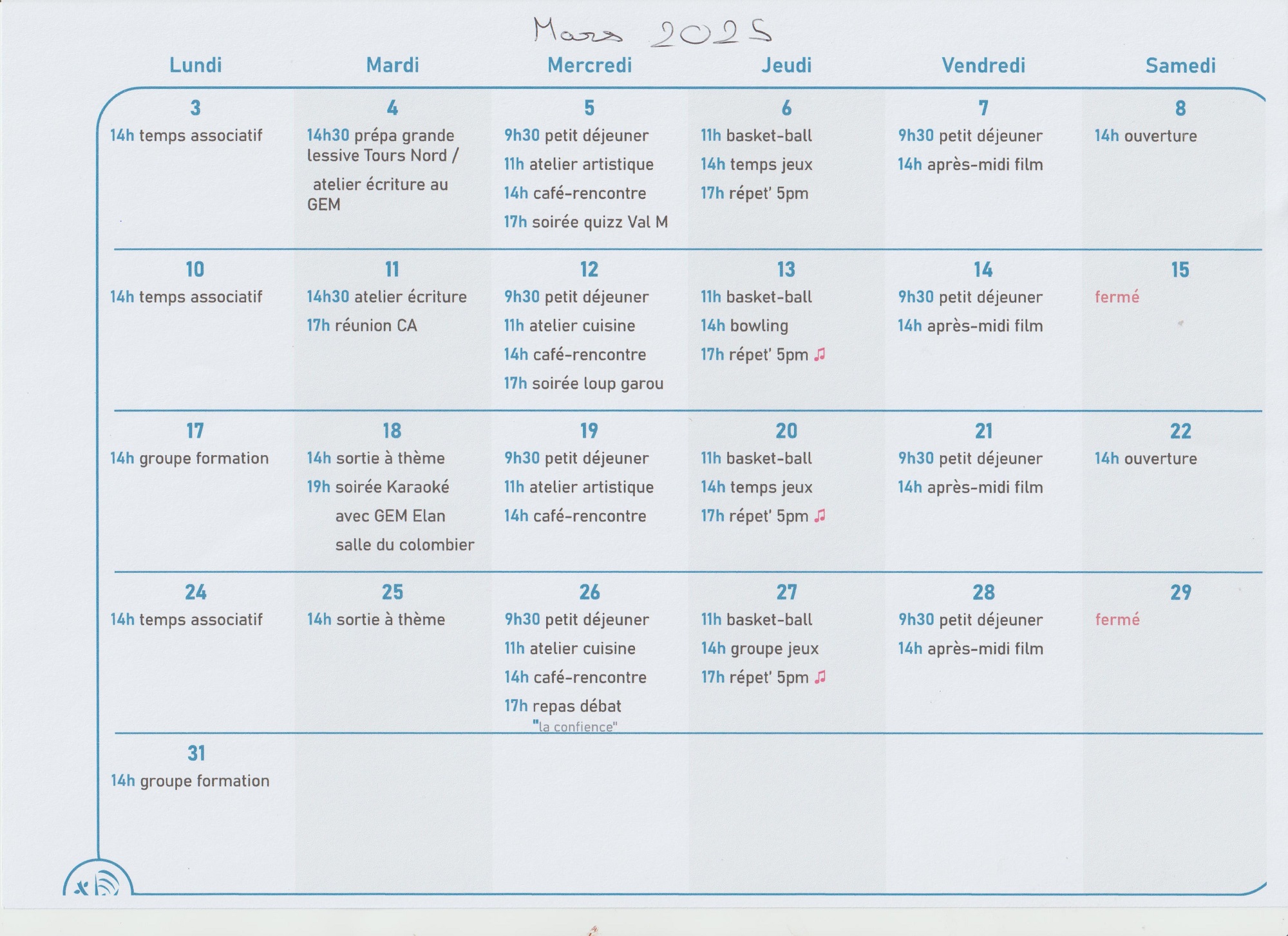 Calendrier une case par jour avec les activités