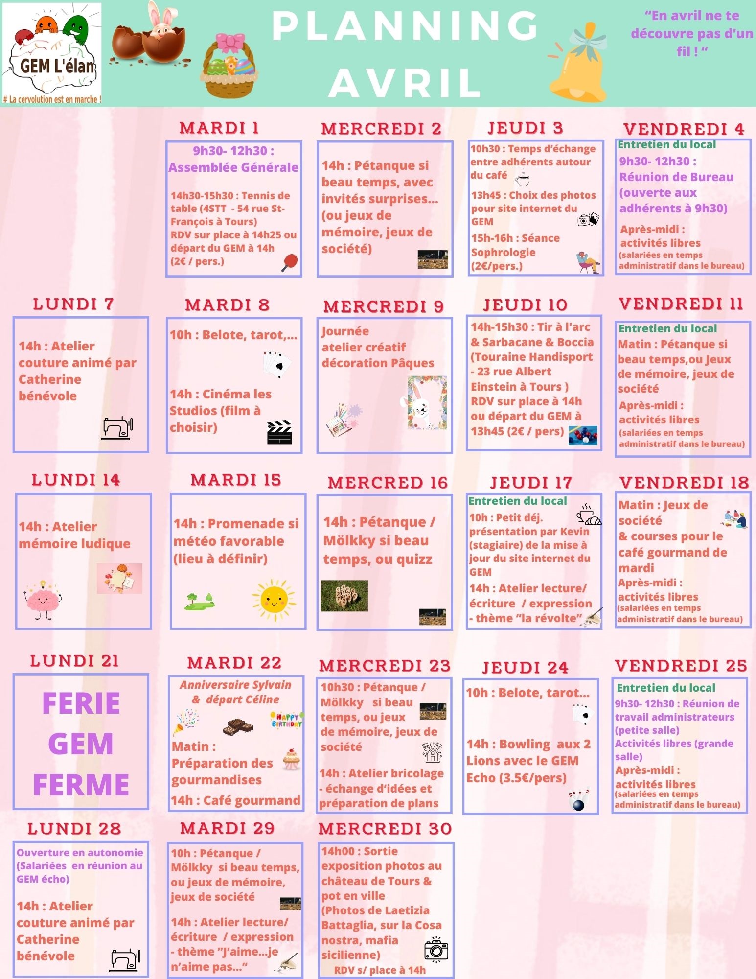Calendrier une case par jour avec les activités