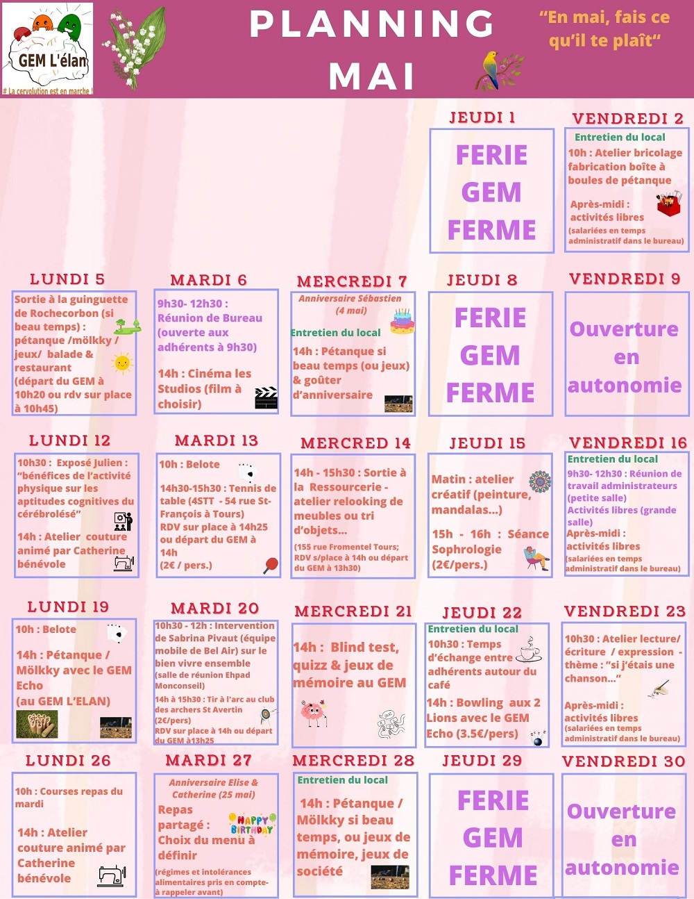 Calendrier, un jour par case avec les activités