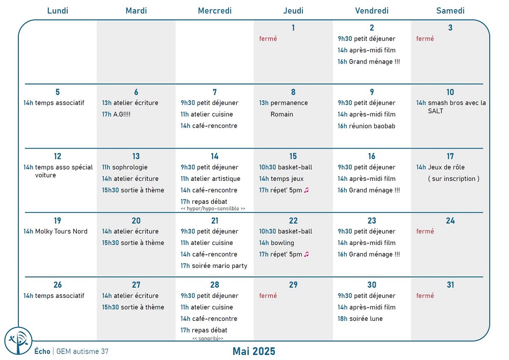 Calendrier, un jour par case avec les activités