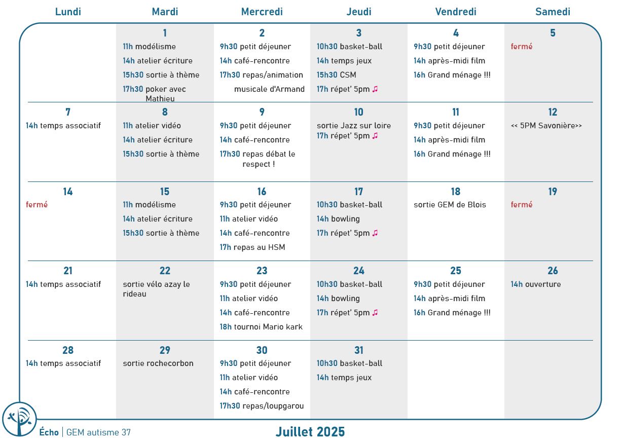 Calendrier, une case par jour avec les activités