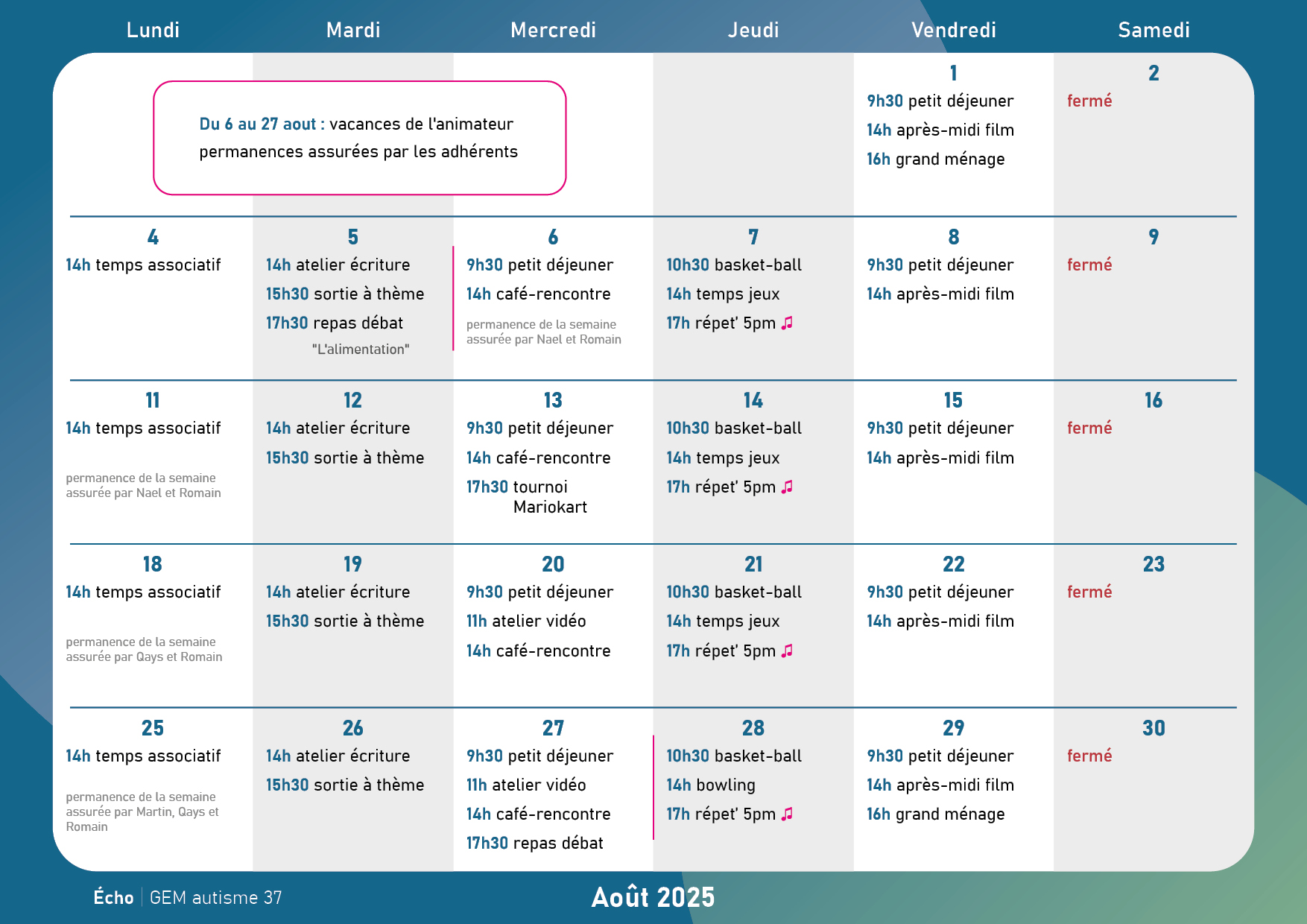 Calendrier une case par jour avec les activités