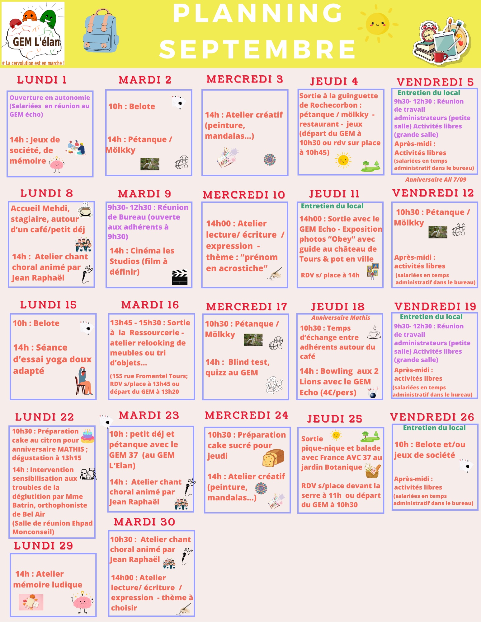 Planning une case par jour avec les activités de la journée
