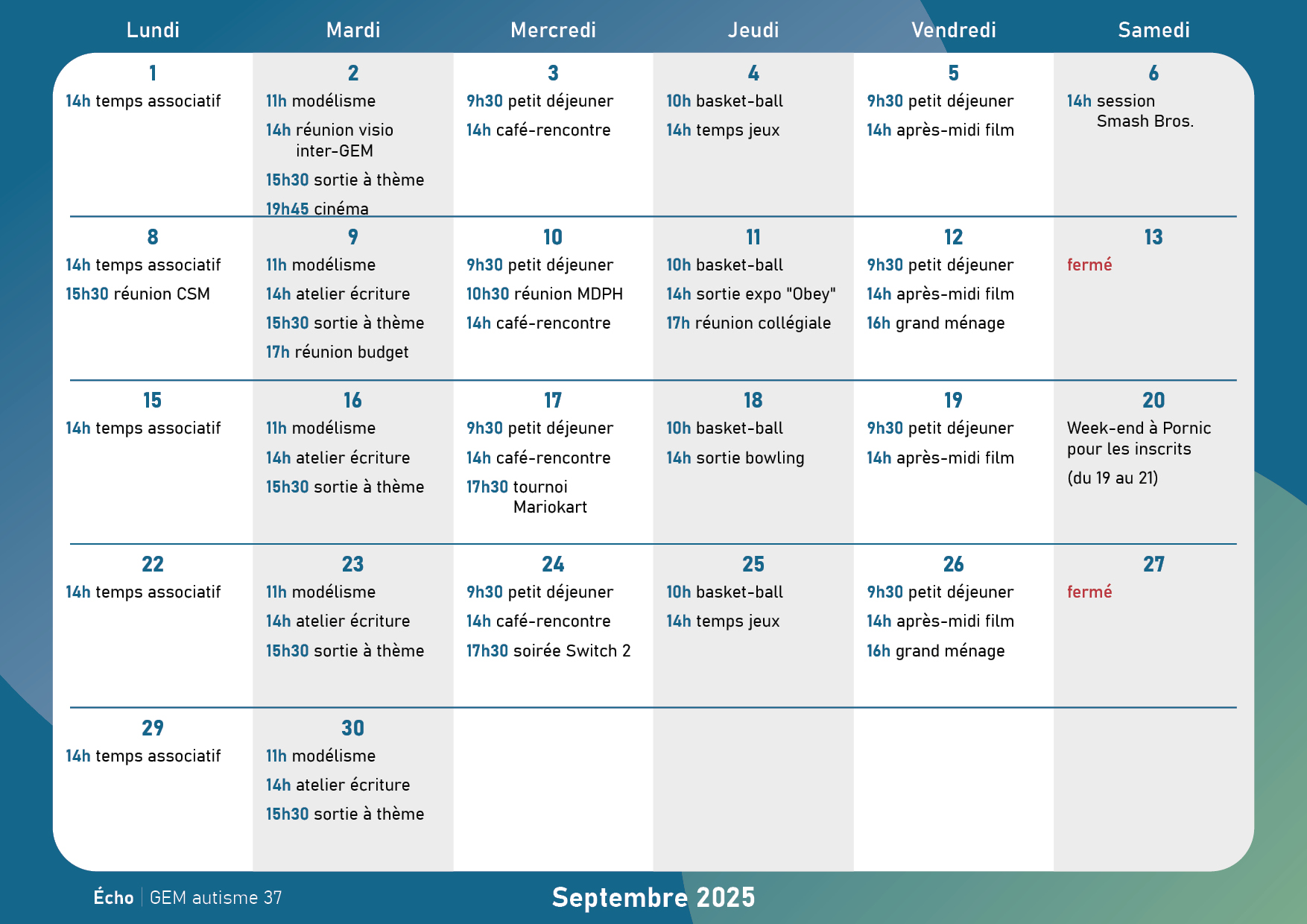 Planning une case par jour avec les activités