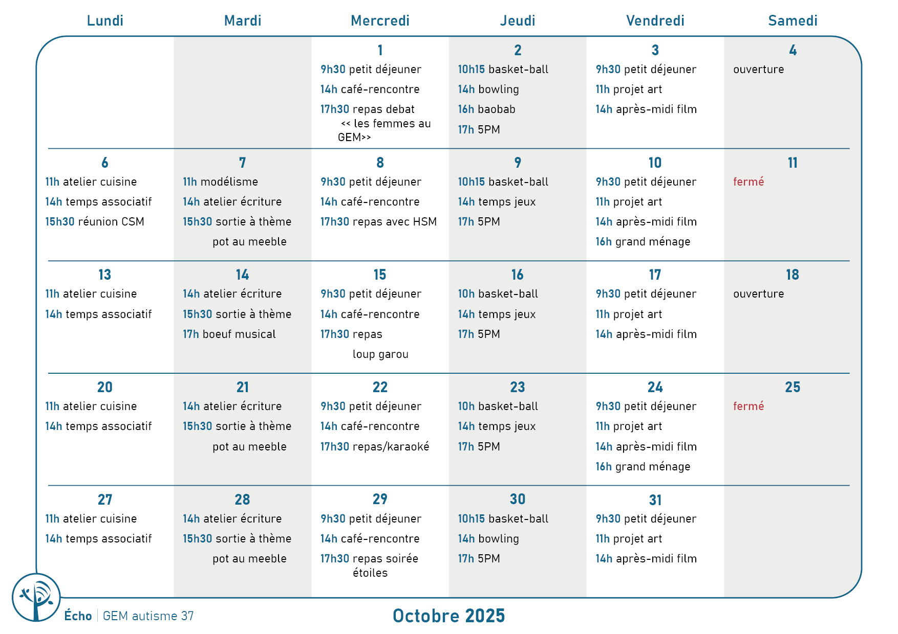 Calendrier une case par jour avec les activités