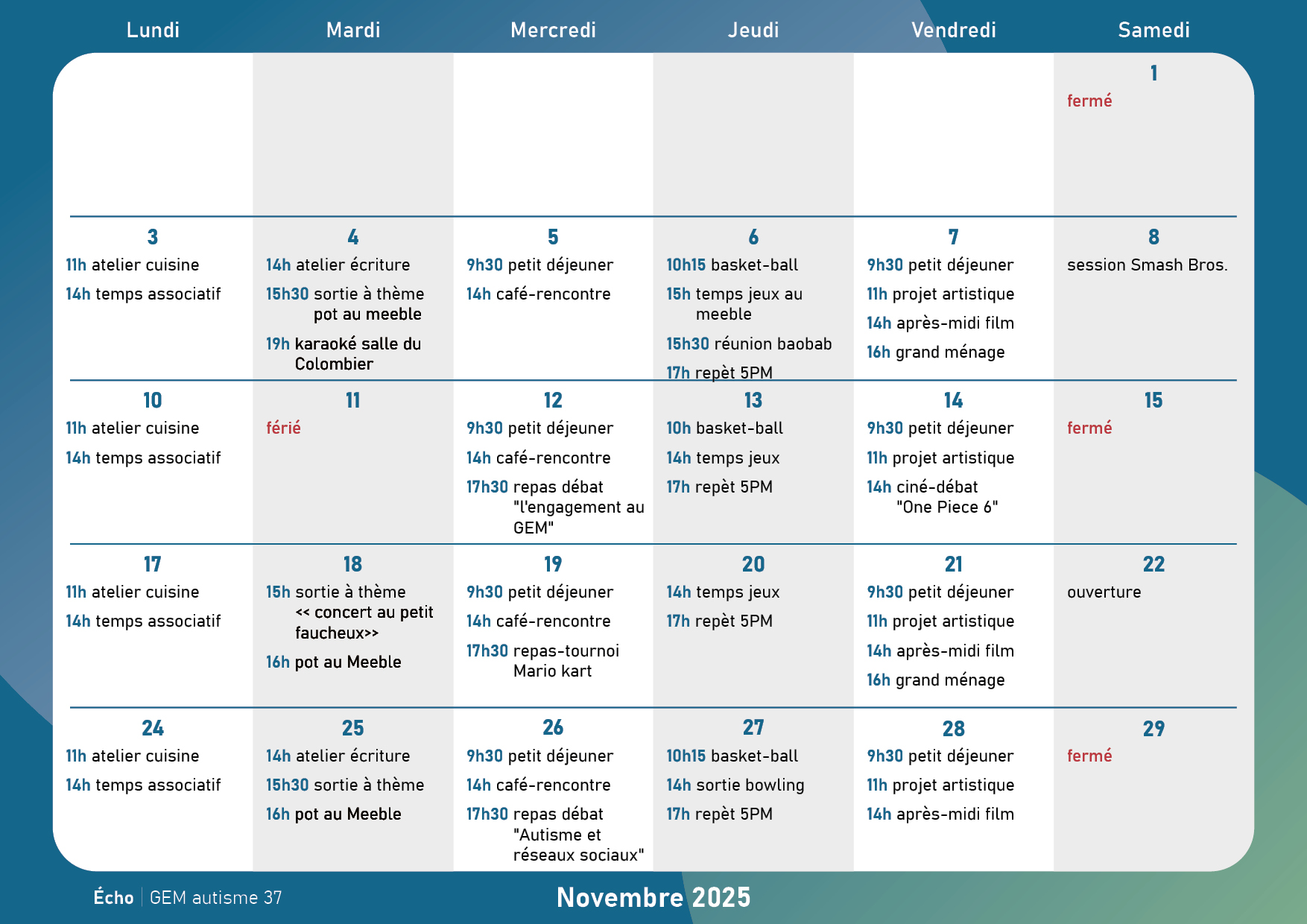 Calendrier une case par jour avec les activités