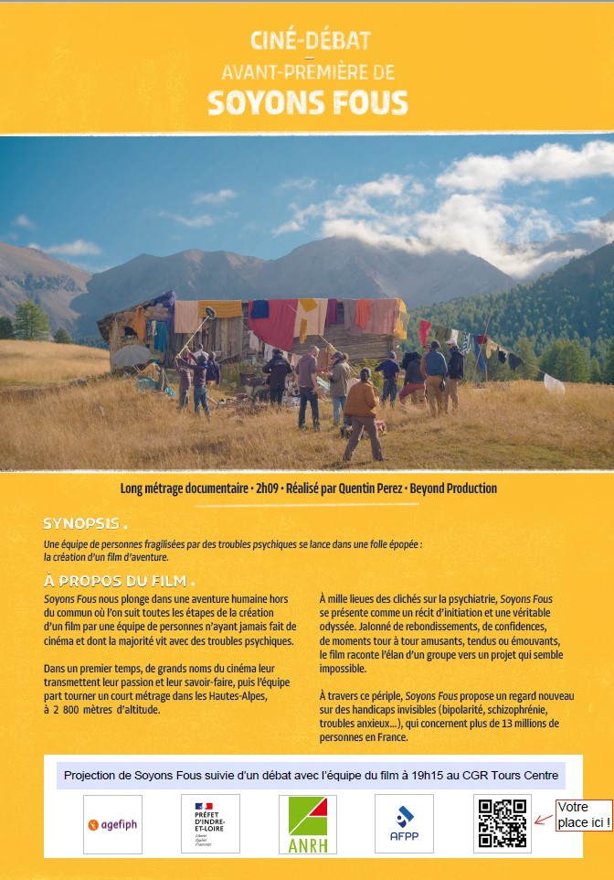 Affiche du film, un groupe de personnes qui réalise un film, dans les alpes avec des montagnes.