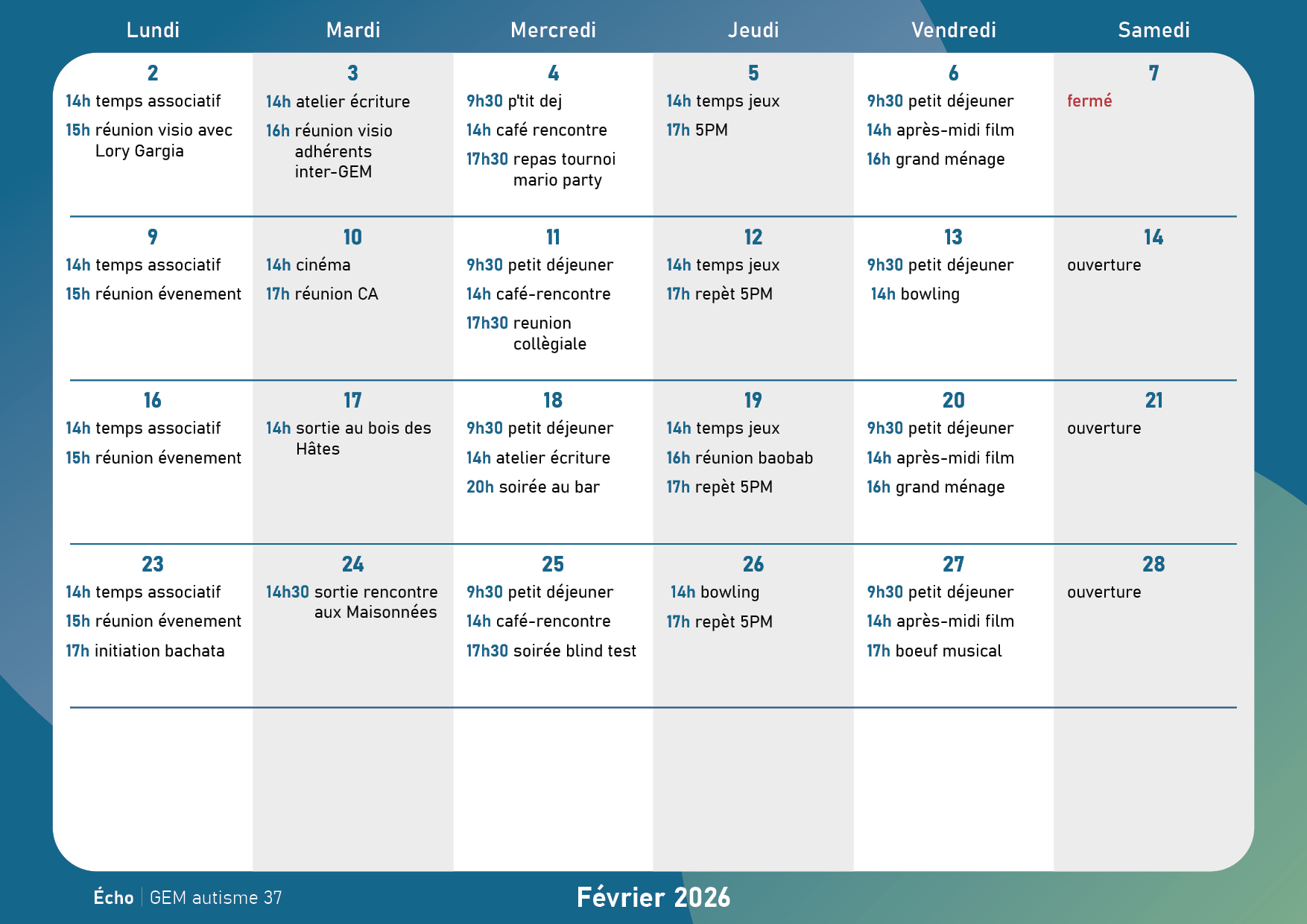 Calendrier une case par jour avec les activités de la journée