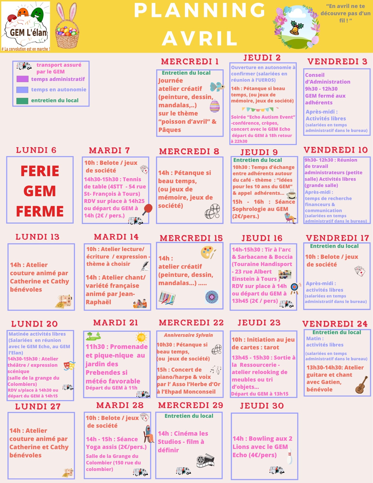 Calendrier avec les activités écrites dans des cases, 1 case par jour.