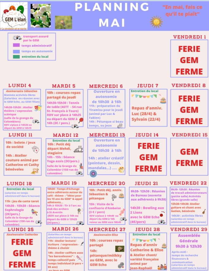Planning, une case par jour avec les activités