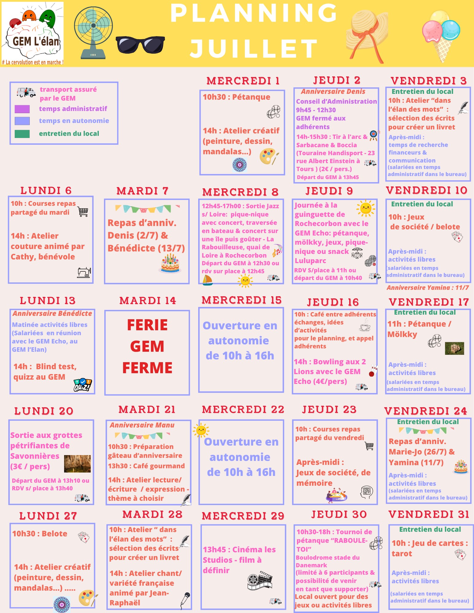 Calendrier une case par jour avec les activités dans chaque case