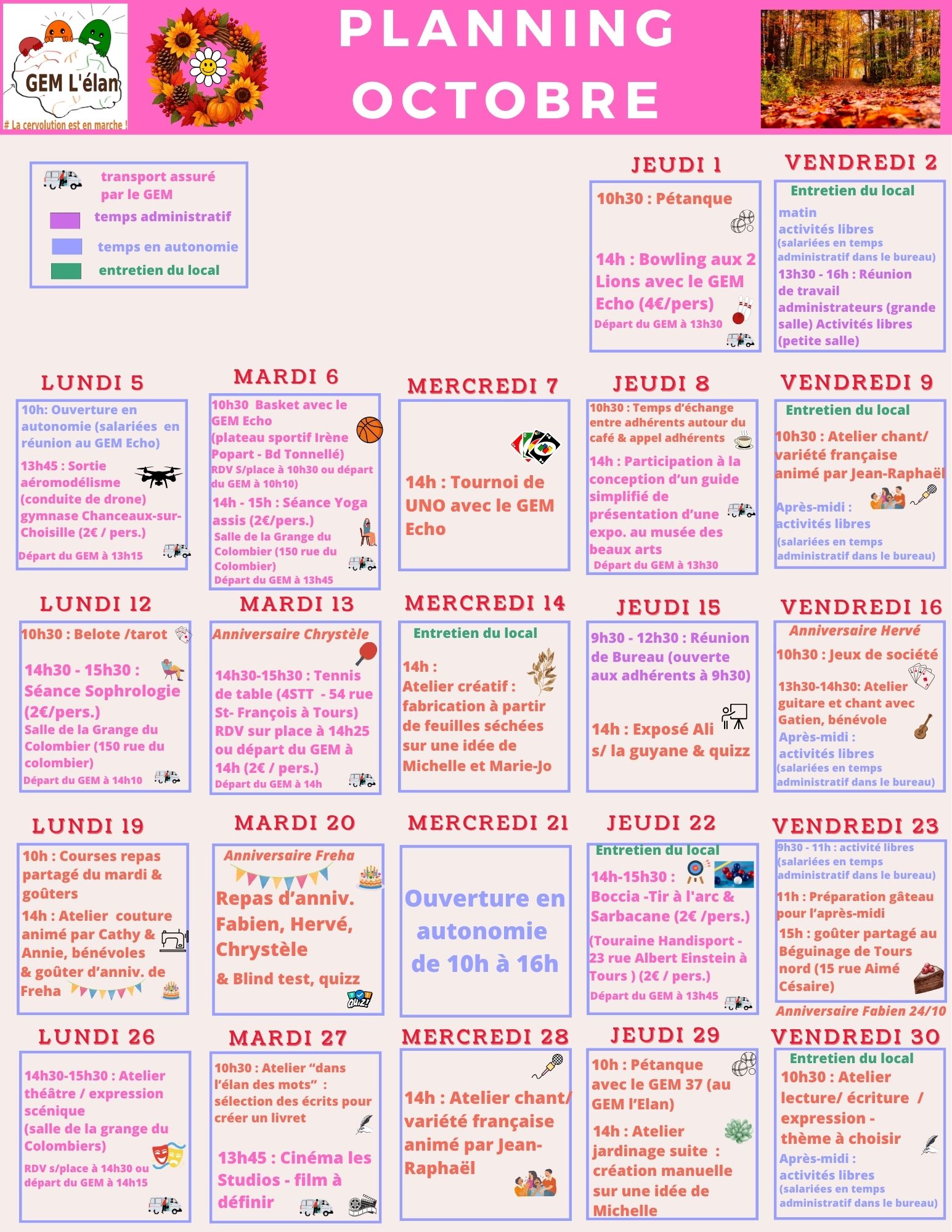 Calendrier en tableau, une case par jour avec les activités proposées aux personnes cérébrolésées