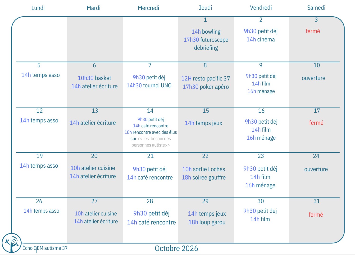 Calendrier une case par jours avec les activités proposées par et pour les personnes autistes.