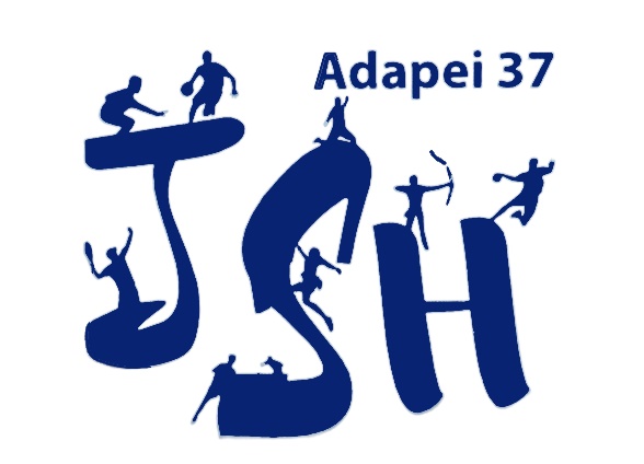 Les 3 lettres en bleu sur fond blanc J S H pour journée sport handicap, des silhouettes représentant des pratiques sportives sont dessinées en appui des lettres. Adapei 37 est écrit en haut à droite.