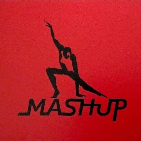 Logo de la compagnie mashup, silhouette d'un danseur sur fond rouge